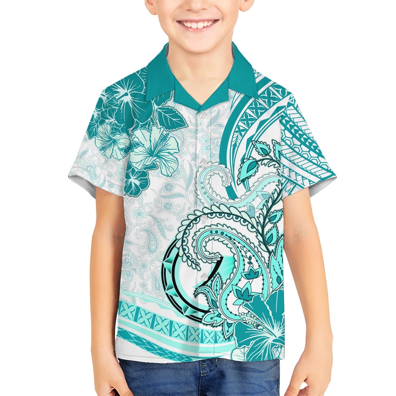 Polynesia Paisley Kid Hawaiian Shirt Mix Teal Polynesian Pattern LT05 Kid Teal - Polynesian Pride
