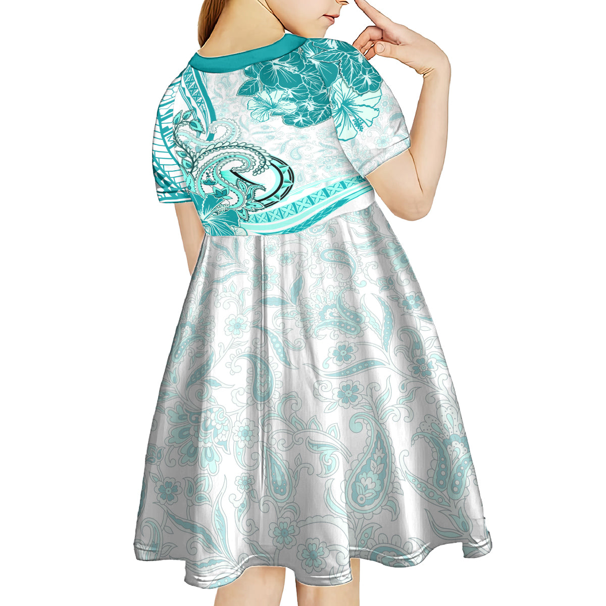 Polynesia Paisley Kid Short Sleeve Dress Mix Teal Polynesian Pattern LT05 - Polynesian Pride