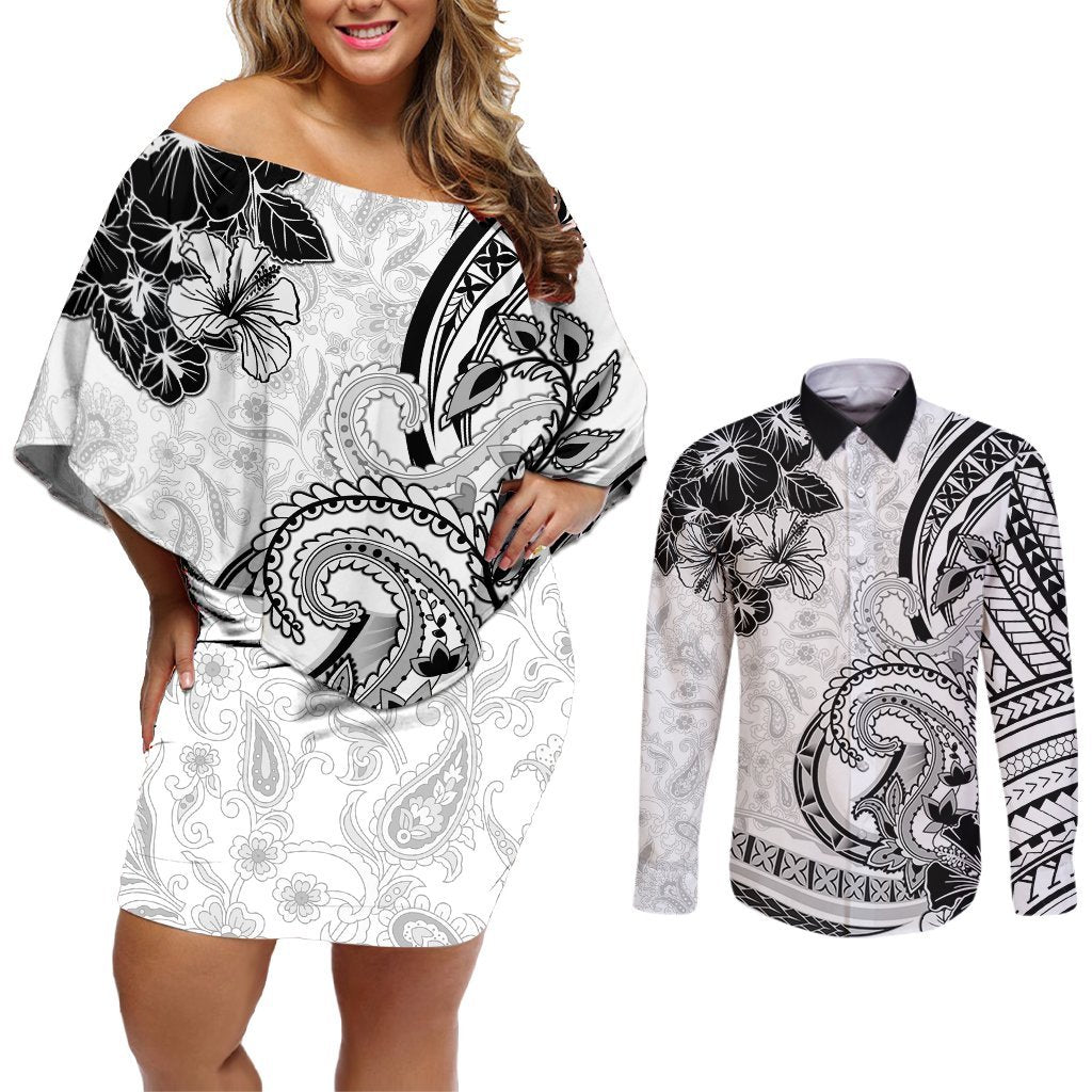 Polynesia Paisley Couples Matching Off Shoulder Short Dress and Long Sleeve Button Shirt Mix White Polynesian Pattern LT05 White - Polynesian Pride