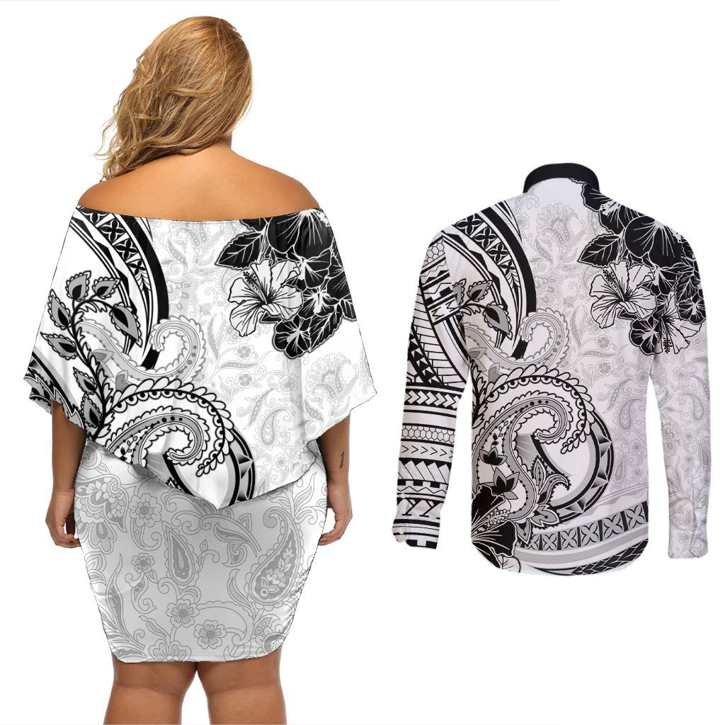 Polynesia Paisley Couples Matching Off Shoulder Short Dress and Long Sleeve Button Shirt Mix White Polynesian Pattern LT05 - Polynesian Pride