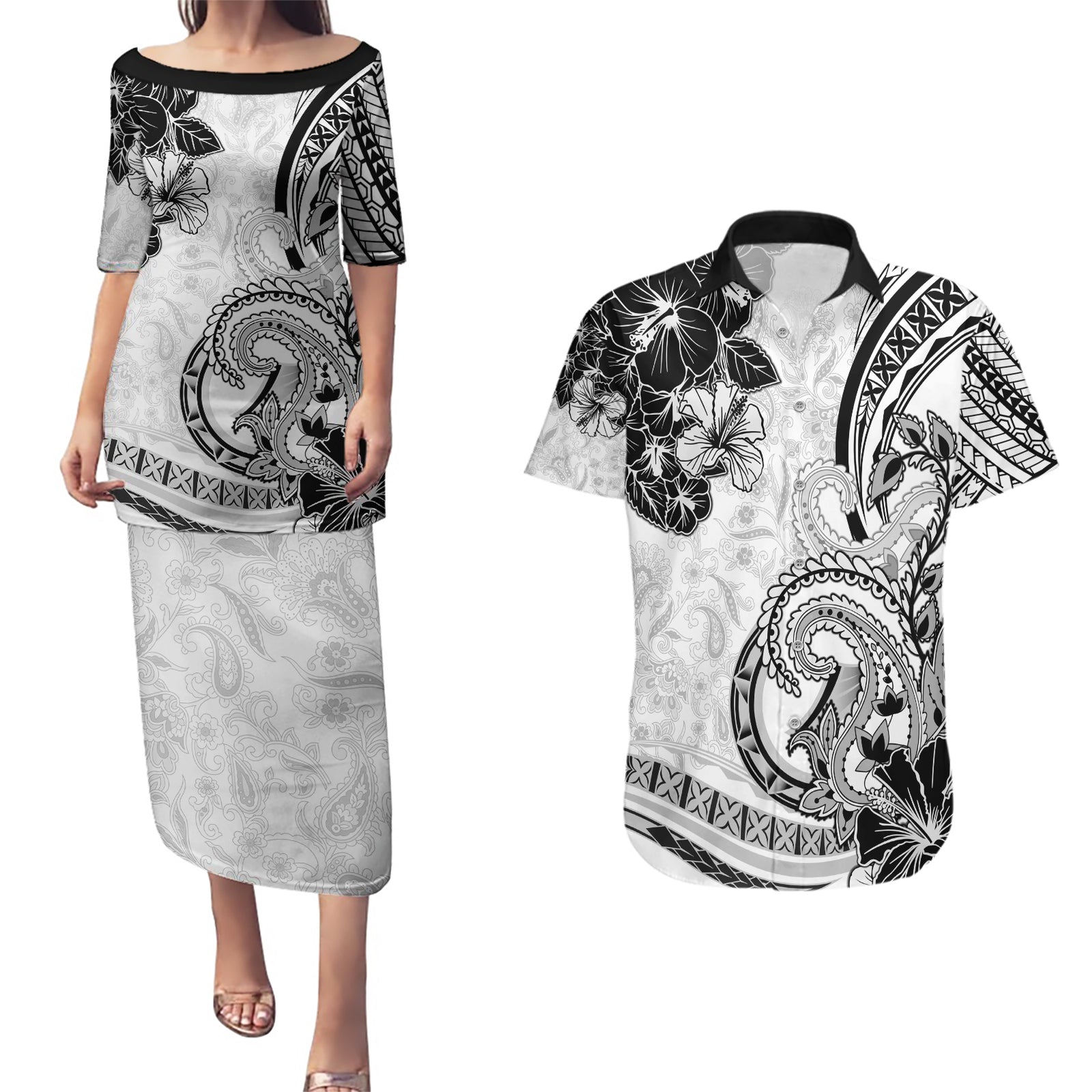 Polynesia Paisley Couples Matching Puletasi and Hawaiian Shirt Mix White Polynesian Pattern LT05 White - Polynesian Pride