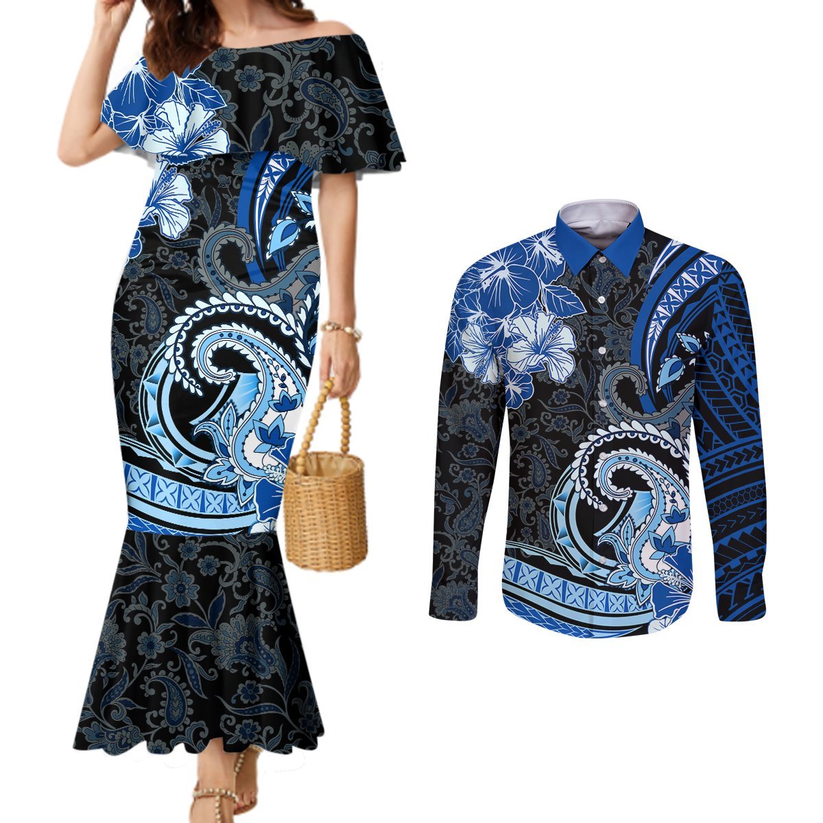 Polynesia Paisley Couples Matching Mermaid Dress and Long Sleeve Button Shirt Mix Blue Polynesian Pattern LT05 Blue - Polynesian Pride