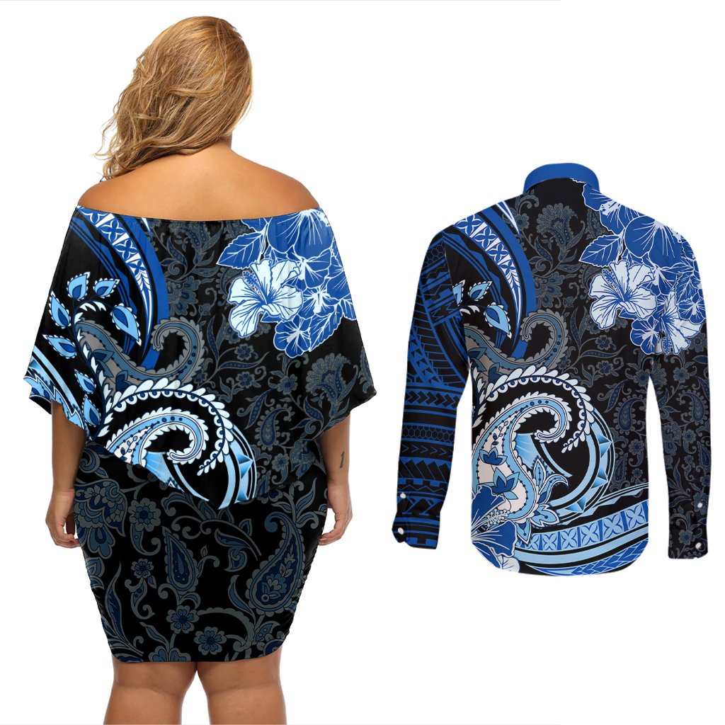 Polynesia Paisley Couples Matching Off Shoulder Short Dress and Long Sleeve Button Shirt Mix Blue Polynesian Pattern LT05 - Polynesian Pride