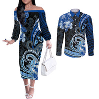 Polynesia Paisley Couples Matching Off The Shoulder Long Sleeve Dress and Long Sleeve Button Shirt Mix Blue Polynesian Pattern LT05 Blue - Polynesian Pride