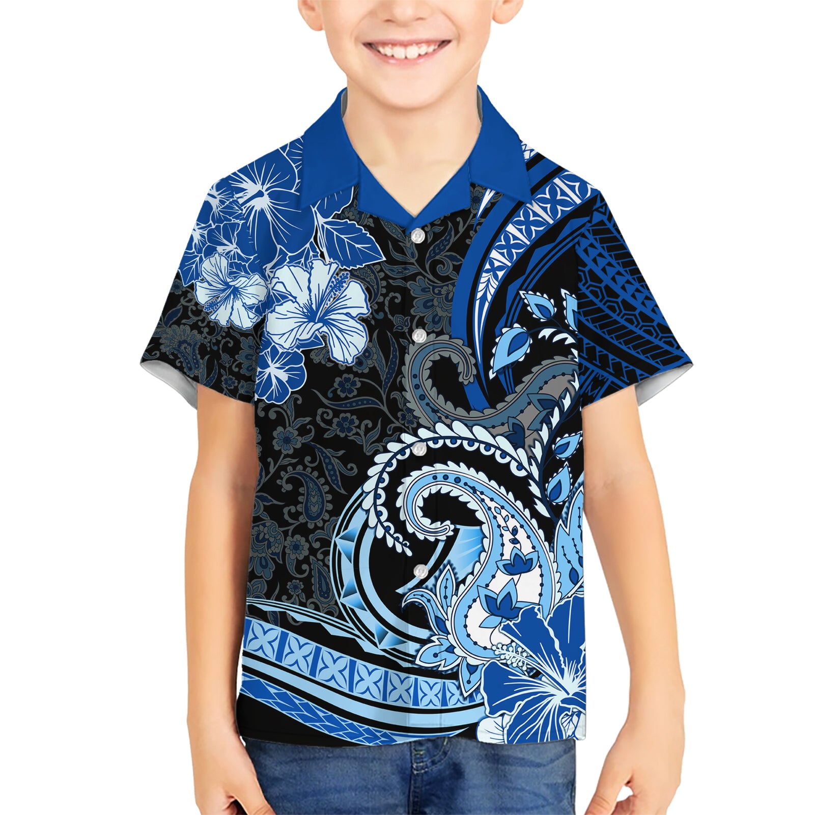 Polynesia Paisley Kid Hawaiian Shirt Mix Blue Polynesian Pattern LT05 Kid Blue - Polynesian Pride