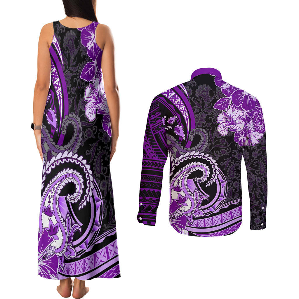 Polynesia Paisley Couples Matching Tank Maxi Dress and Long Sleeve Button Shirt Mix Purple Polynesian Pattern LT05 - Polynesian Pride