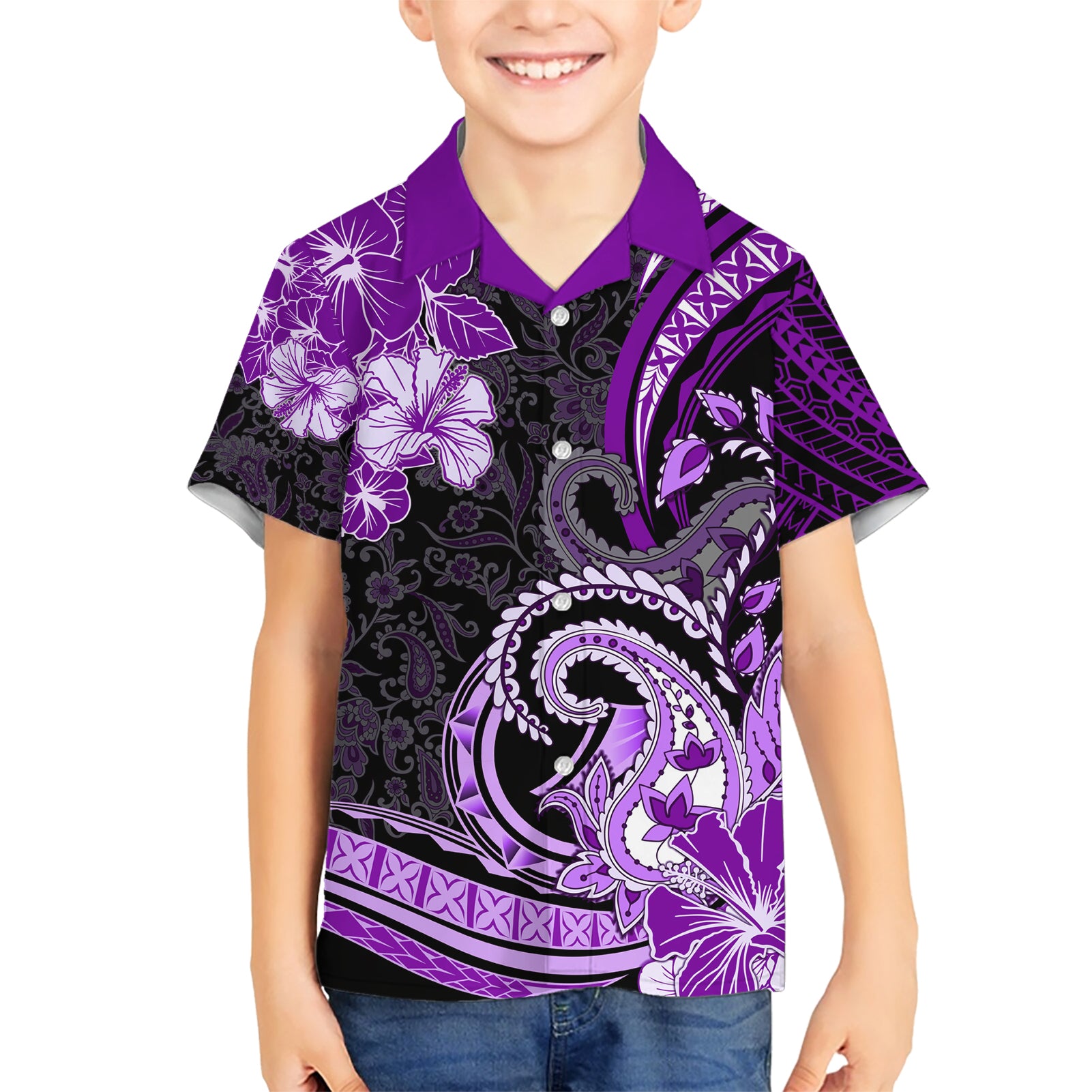 Polynesia Paisley Kid Hawaiian Shirt Mix Purple Polynesian Pattern LT05 Kid Purple - Polynesian Pride