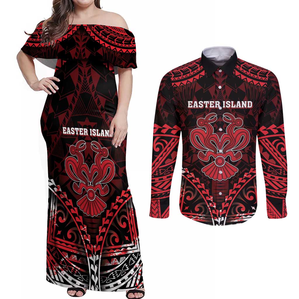 Personalised Easter Island Couples Matching Off Shoulder Maxi Dress and Long Sleeve Button Shirt Polynesian Pattern Emblem