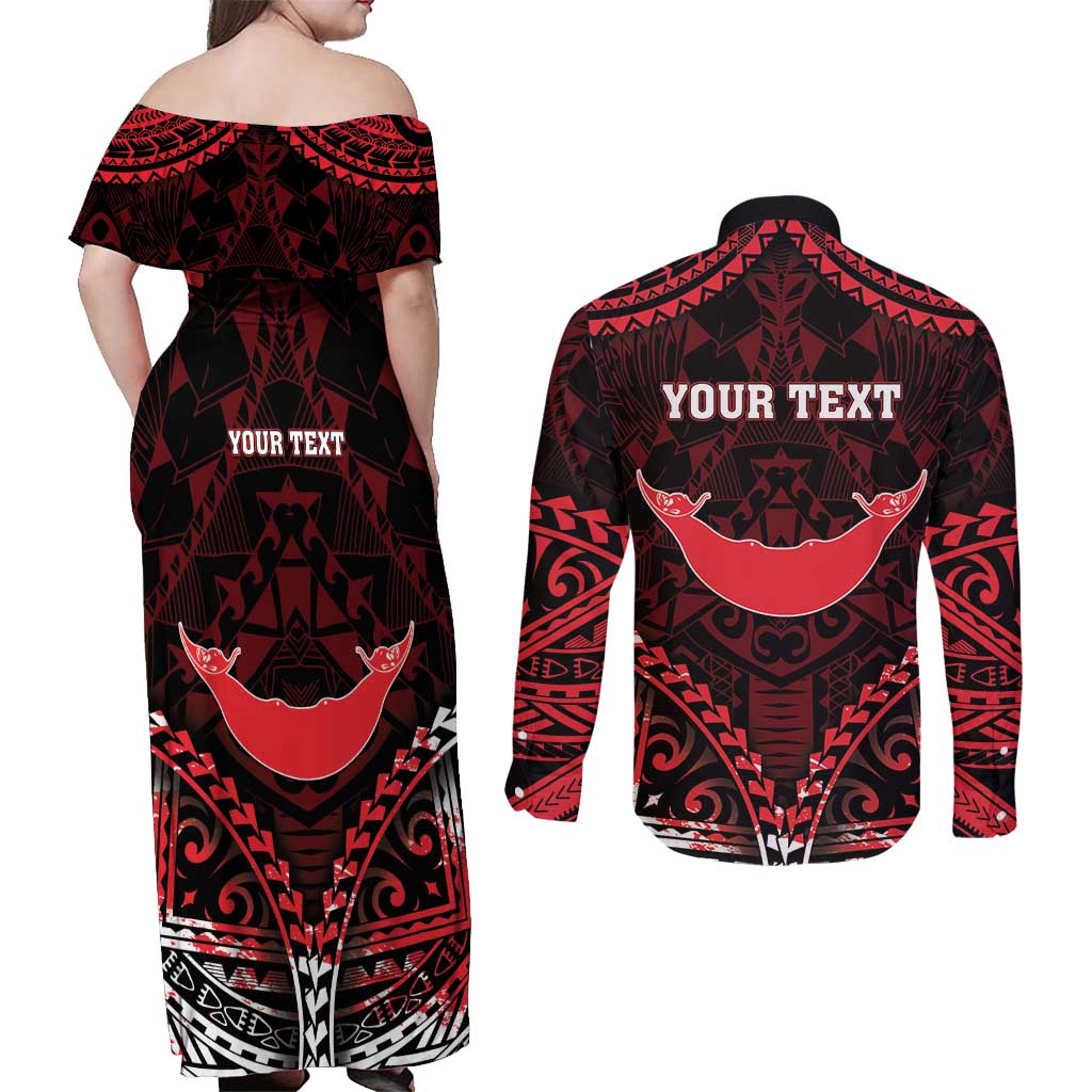 Personalised Easter Island Couples Matching Off Shoulder Maxi Dress and Long Sleeve Button Shirt Polynesian Pattern Emblem