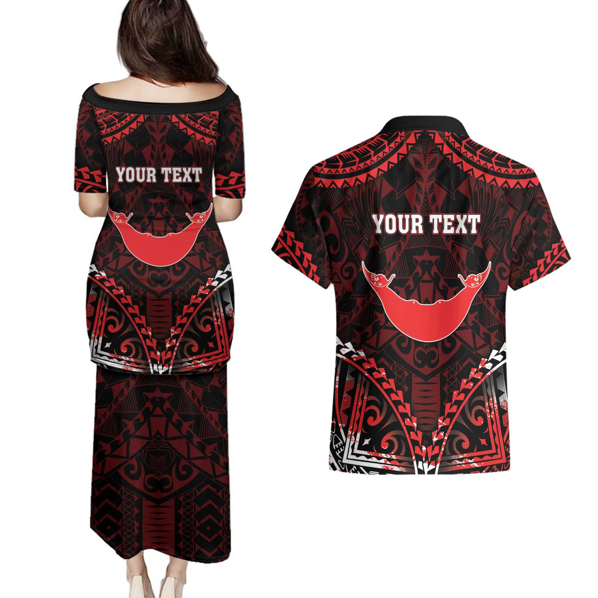 Personalised Easter Island Couples Matching Puletasi and Hawaiian Shirt Polynesian Pattern Emblem