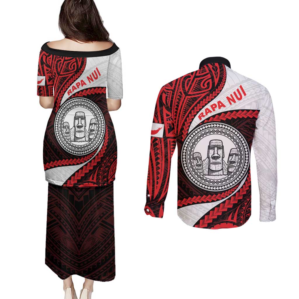 Easter Island Couples Matching Puletasi and Long Sleeve Button Shirt Moai Statues Polynesian Style