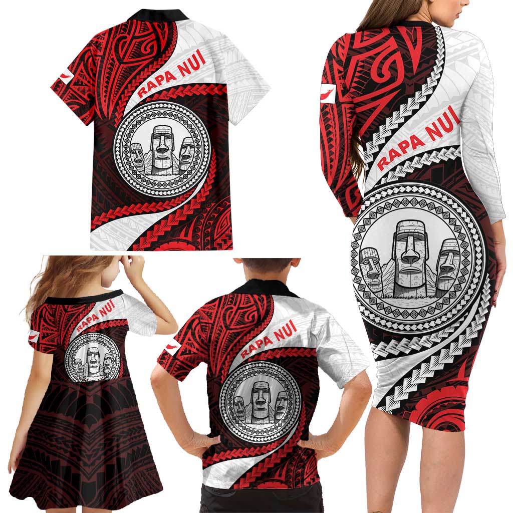 Easter Island Family Matching Long Sleeve Bodycon Dress and Hawaiian Shirt Moai Statues Polynesian Style LT05 - Polynesian Pride