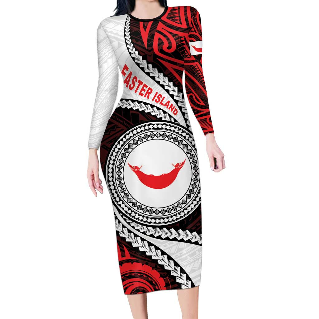 Easter Island Family Matching Long Sleeve Bodycon Dress and Hawaiian Shirt Moai Statues Polynesian Style LT05 Mom's Dress Red - Polynesian Pride
