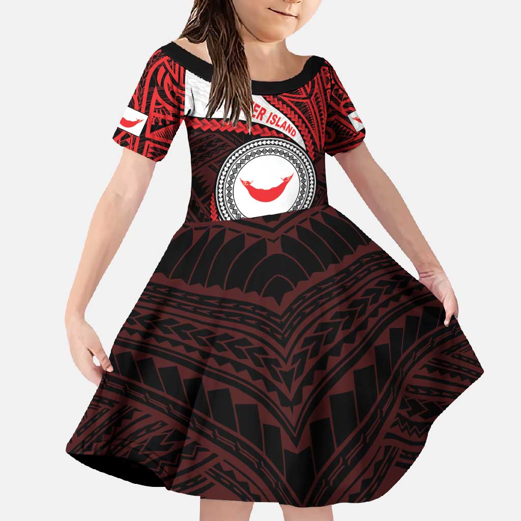 Easter Island Family Matching Off Shoulder Maxi Dress and Hawaiian Shirt Moai Statues Polynesian Style LT05 Daughter's Dress Red - Polynesian Pride