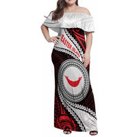 Easter Island Family Matching Off Shoulder Maxi Dress and Hawaiian Shirt Moai Statues Polynesian Style LT05 Mom's Dress Red - Polynesian Pride