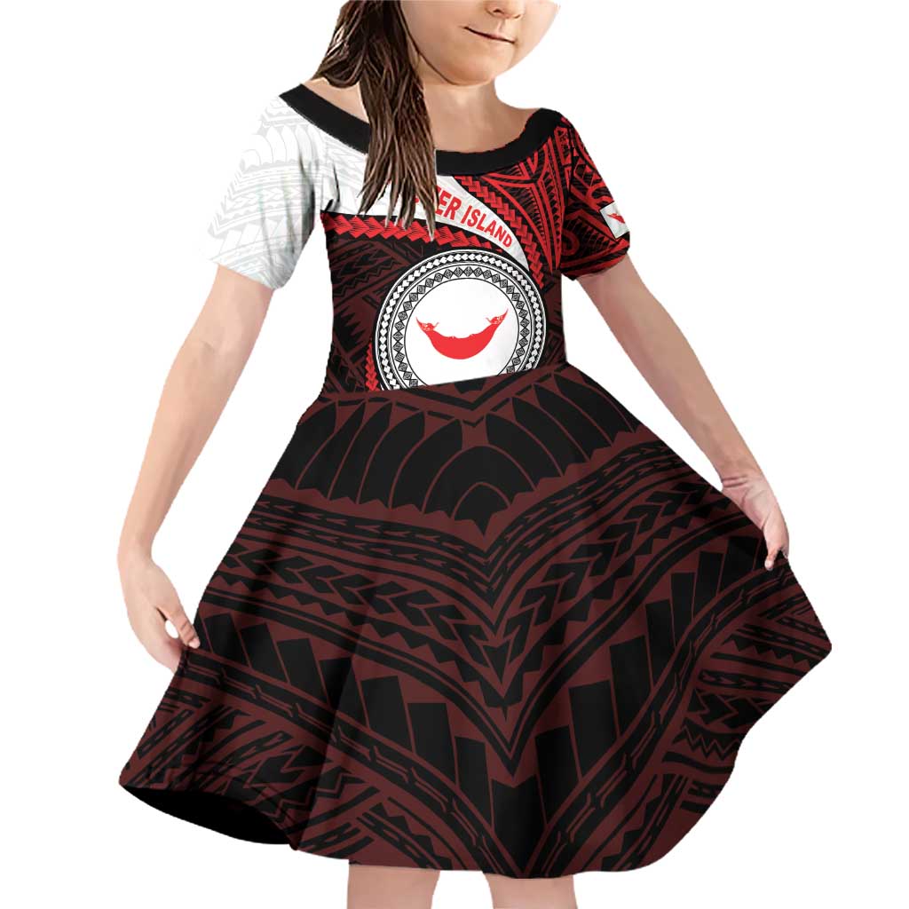 Easter Island Family Matching Off Shoulder Short Dress and Hawaiian Shirt Moai Statues Polynesian Style LT05 Daughter's Dress Red - Polynesian Pride