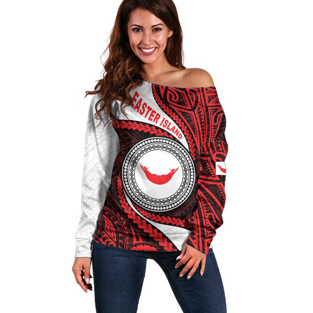 Easter Island Off Shoulder Sweater Moai Statues Polynesian Style LT05 Women Red - Polynesian Pride