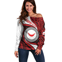 Easter Island Off Shoulder Sweater Moai Statues Polynesian Style LT05 Women Red - Polynesian Pride