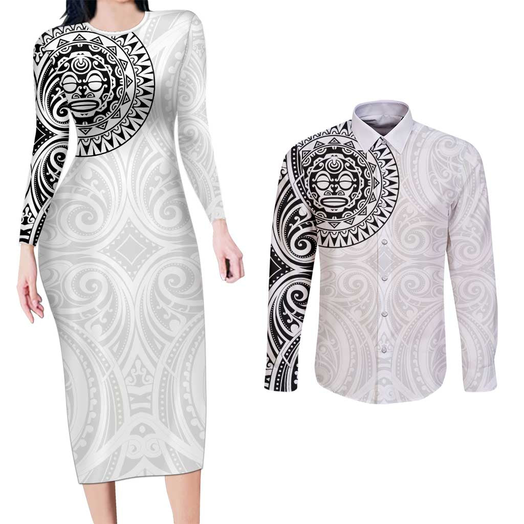 New Zealand Aotearoa Couples Matching Long Sleeve Bodycon Dress and Long Sleeve Button Shirt Maori Te Mata O Rongokako LT05 White - Polynesian Pride