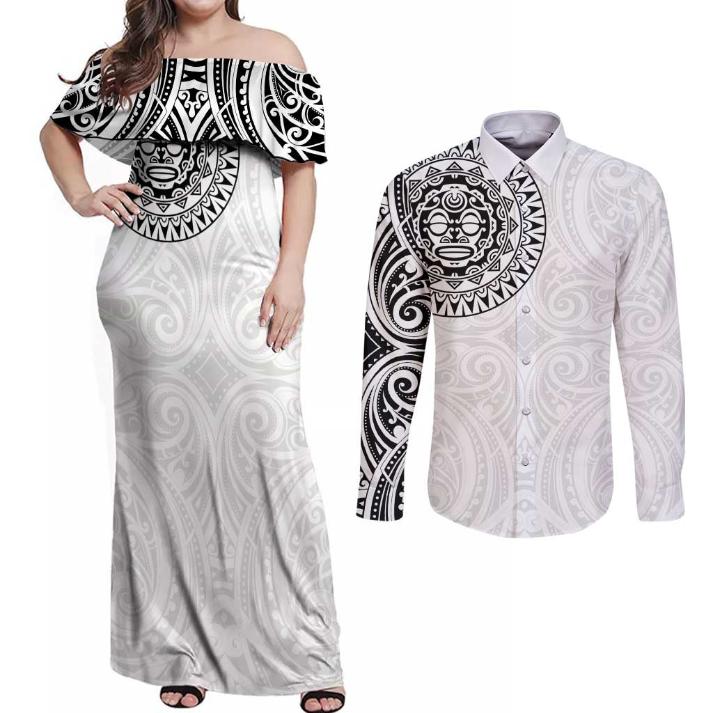 New Zealand Aotearoa Couples Matching Off Shoulder Maxi Dress and Long Sleeve Button Shirt Maori Te Mata O Rongokako LT05 White - Polynesian Pride