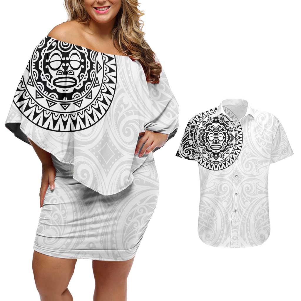 New Zealand Aotearoa Couples Matching Off Shoulder Short Dress and Hawaiian Shirt Maori Te Mata O Rongokako LT05 White - Polynesian Pride