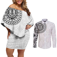 New Zealand Aotearoa Couples Matching Off Shoulder Short Dress and Long Sleeve Button Shirt Maori Te Mata O Rongokako LT05 White - Polynesian Pride