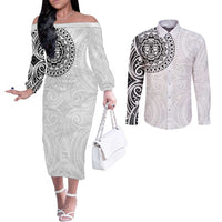 New Zealand Aotearoa Couples Matching Off The Shoulder Long Sleeve Dress and Long Sleeve Button Shirt Maori Te Mata O Rongokako LT05 White - Polynesian Pride