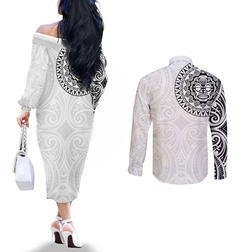 New Zealand Aotearoa Couples Matching Off The Shoulder Long Sleeve Dress and Long Sleeve Button Shirt Maori Te Mata O Rongokako LT05 - Polynesian Pride