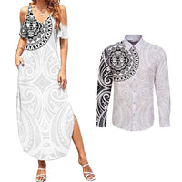 New Zealand Aotearoa Couples Matching Summer Maxi Dress and Long Sleeve Button Shirt Maori Te Mata O Rongokako LT05 White - Polynesian Pride