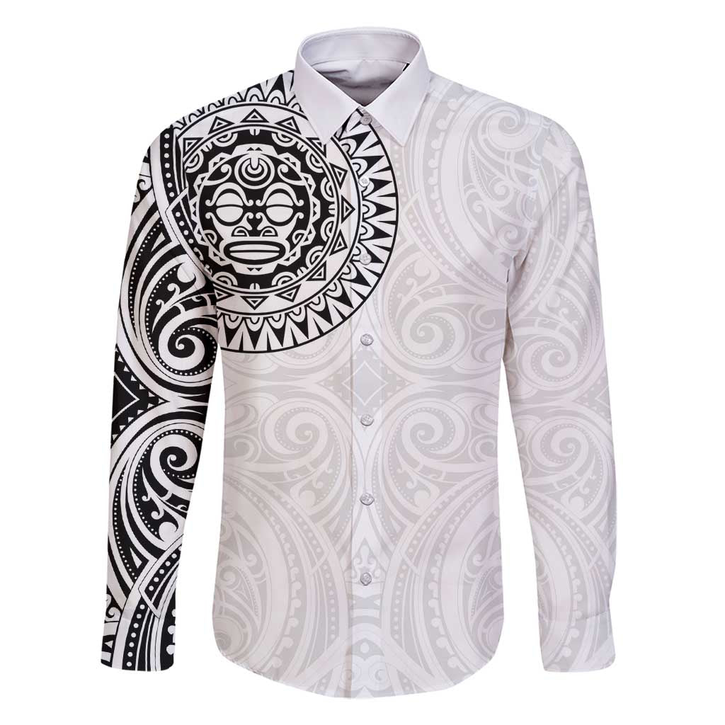 New Zealand Aotearoa Family Matching Off Shoulder Maxi Dress and Hawaiian Shirt Maori Te Mata O Rongokako LT05 Dad's Shirt - Long Sleeve White - Polynesian Pride