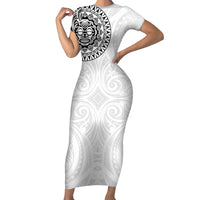 New Zealand Aotearoa Family Matching Short Sleeve Bodycon Dress and Hawaiian Shirt Maori Te Mata O Rongokako LT05 Mom's Dress White - Polynesian Pride