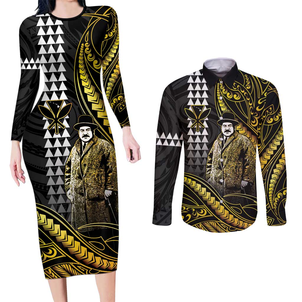 Hawaii Kuhio The Citizen Prince Couples Matching Long Sleeve Bodycon Dress and Long Sleeve Button Shirt Gold Polynesian Tribal Tattoo