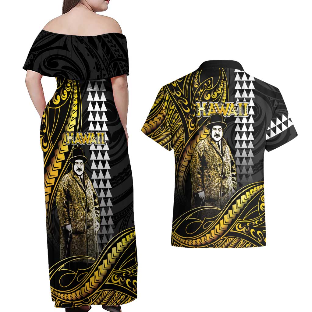 Hawaii Kuhio The Citizen Prince Couples Matching Off Shoulder Maxi Dress and Hawaiian Shirt Gold Polynesian Tribal Tattoo LT05 - Polynesian Pride