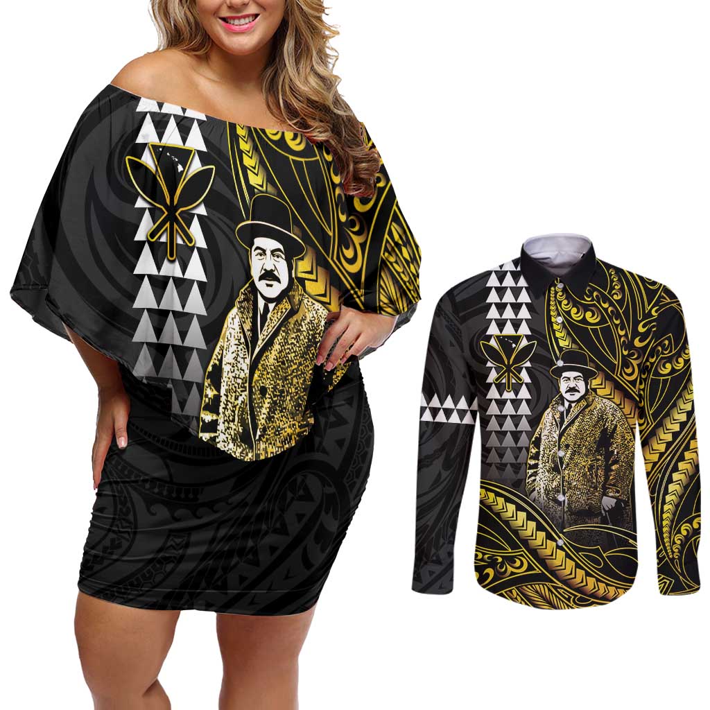 Hawaii Kuhio The Citizen Prince Couples Matching Off Shoulder Short Dress and Long Sleeve Button Shirt Gold Polynesian Tribal Tattoo LT05 Gold - Polynesian Pride
