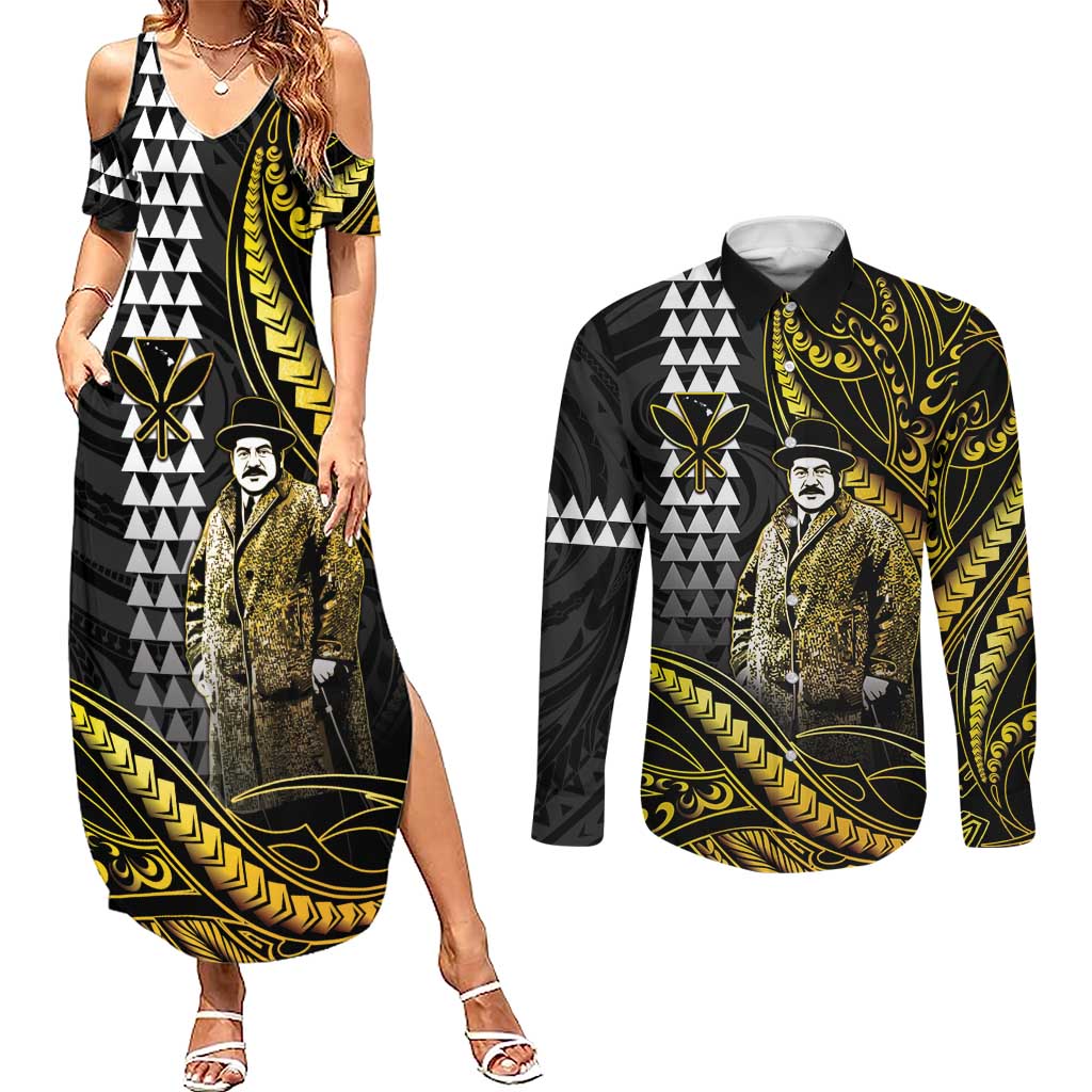 Hawaii Kuhio The Citizen Prince Couples Matching Summer Maxi Dress and Long Sleeve Button Shirt Gold Polynesian Tribal Tattoo LT05 Gold - Polynesian Pride