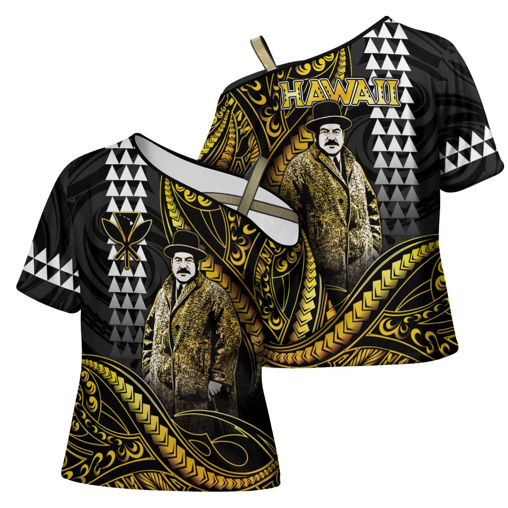 Hawaii Kuhio The Citizen Prince Cross Shoulder Shirt Gold Polynesian Tribal Tattoo