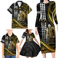Hawaii Kuhio The Citizen Prince Family Matching Long Sleeve Bodycon Dress and Hawaiian Shirt Gold Polynesian Tribal Tattoo LT05 - Polynesian Pride