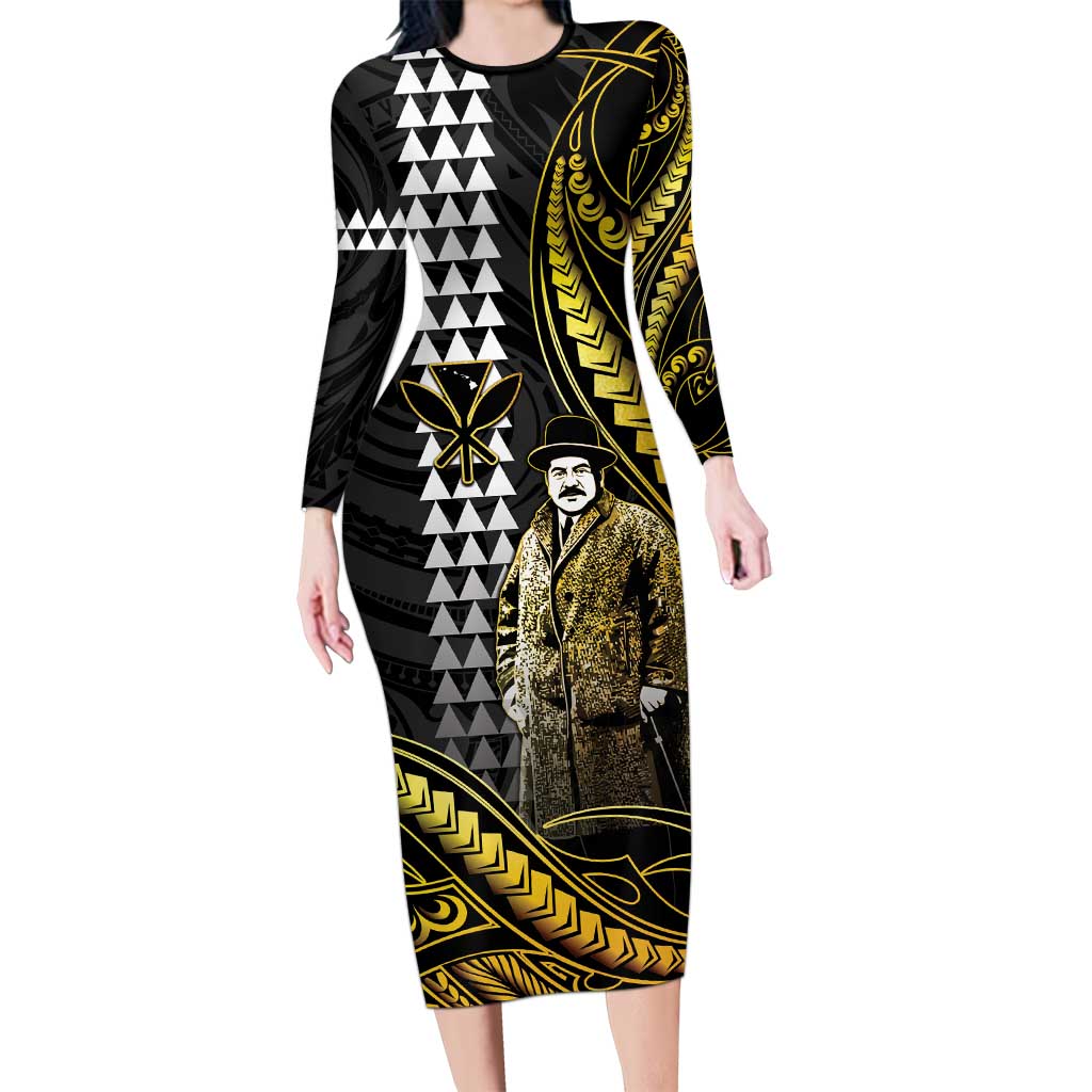 Hawaii Kuhio The Citizen Prince Family Matching Long Sleeve Bodycon Dress and Hawaiian Shirt Gold Polynesian Tribal Tattoo LT05 Mom's Dress Gold - Polynesian Pride