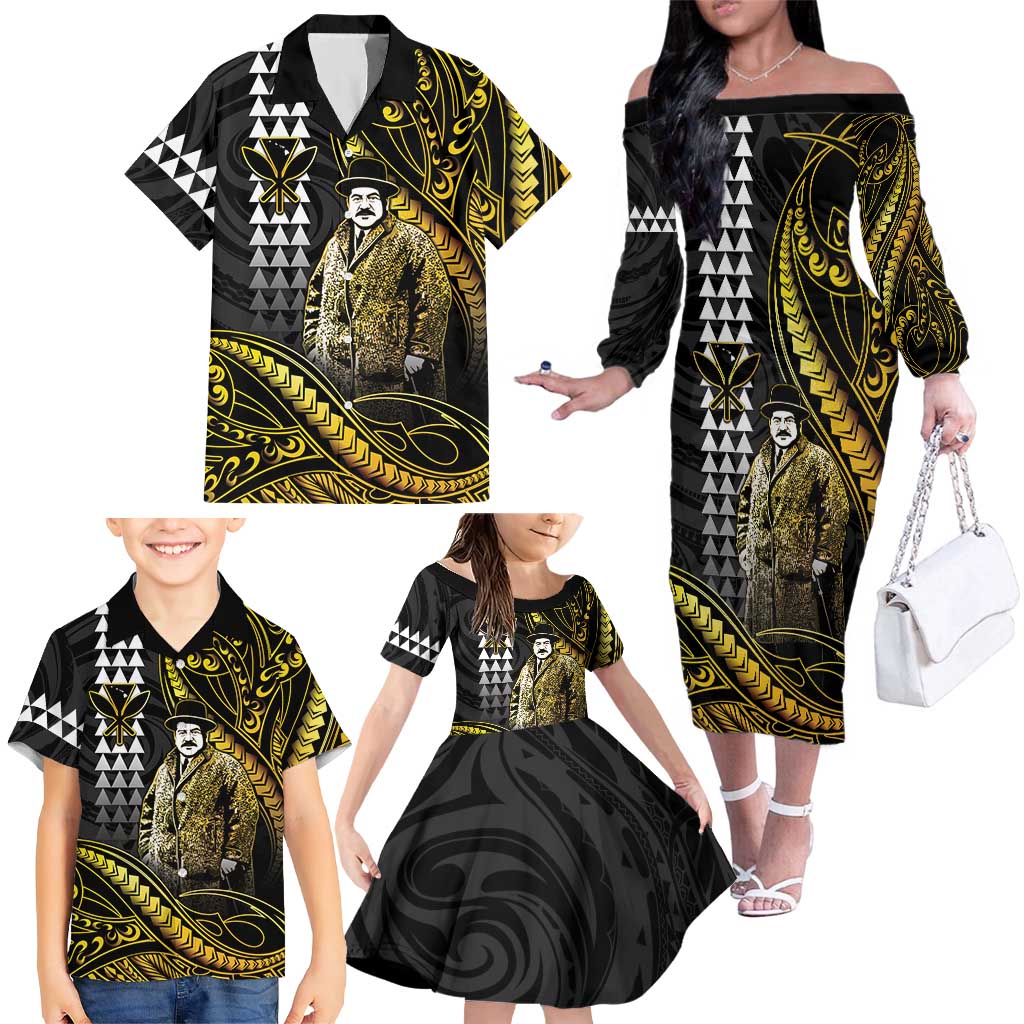 Hawaii Kuhio The Citizen Prince Family Matching Off The Shoulder Long Sleeve Dress and Hawaiian Shirt Gold Polynesian Tribal Tattoo LT05 - Polynesian Pride