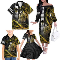 Hawaii Kuhio The Citizen Prince Family Matching Off The Shoulder Long Sleeve Dress and Hawaiian Shirt Gold Polynesian Tribal Tattoo LT05 - Polynesian Pride