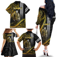 Hawaii Kuhio The Citizen Prince Family Matching Off The Shoulder Long Sleeve Dress and Hawaiian Shirt Gold Polynesian Tribal Tattoo LT05 - Polynesian Pride