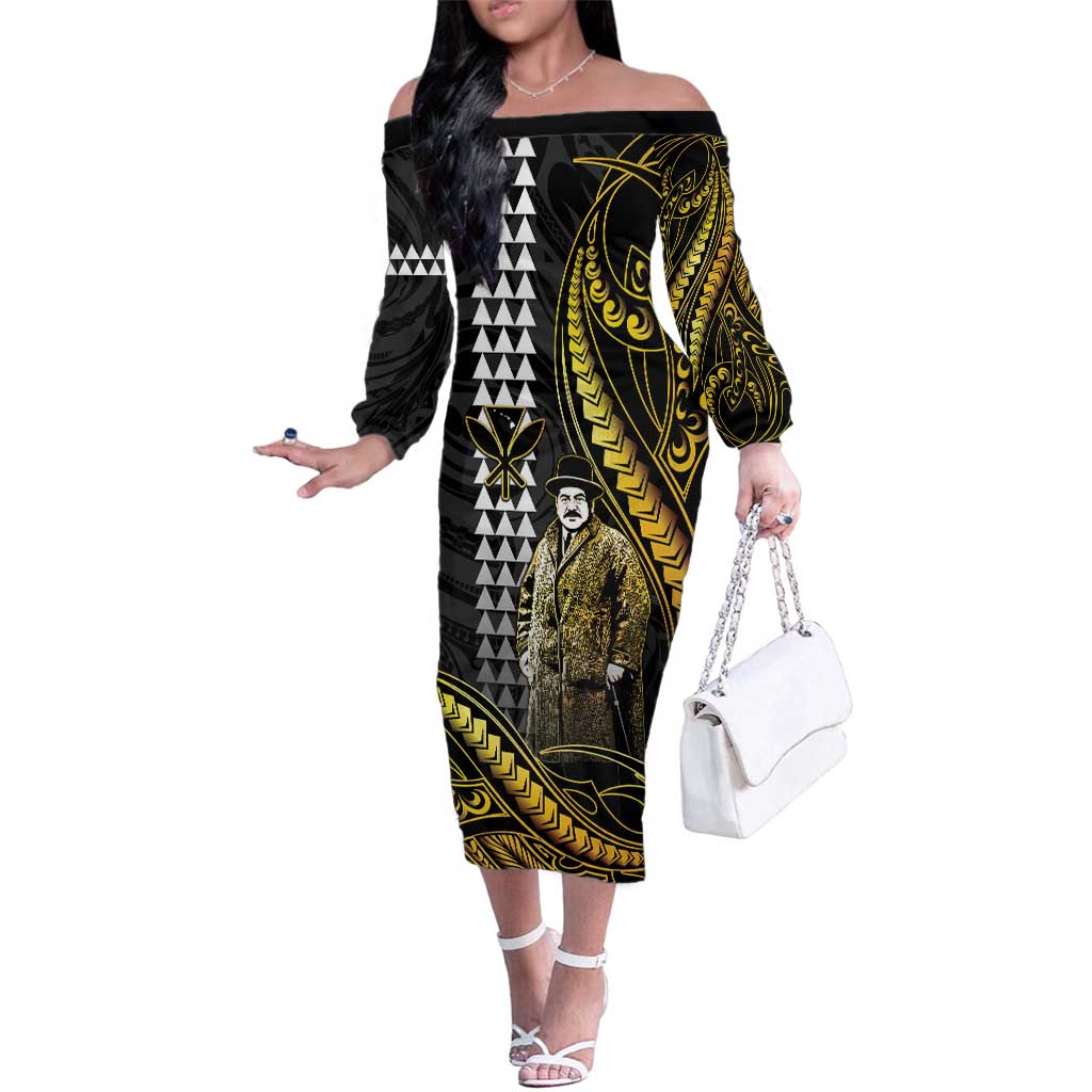 Hawaii Kuhio The Citizen Prince Family Matching Off The Shoulder Long Sleeve Dress and Hawaiian Shirt Gold Polynesian Tribal Tattoo LT05 Mom's Dress Gold - Polynesian Pride