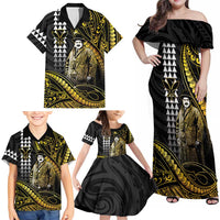 Hawaii Kuhio The Citizen Prince Family Matching Off Shoulder Maxi Dress and Hawaiian Shirt Gold Polynesian Tribal Tattoo LT05 - Polynesian Pride