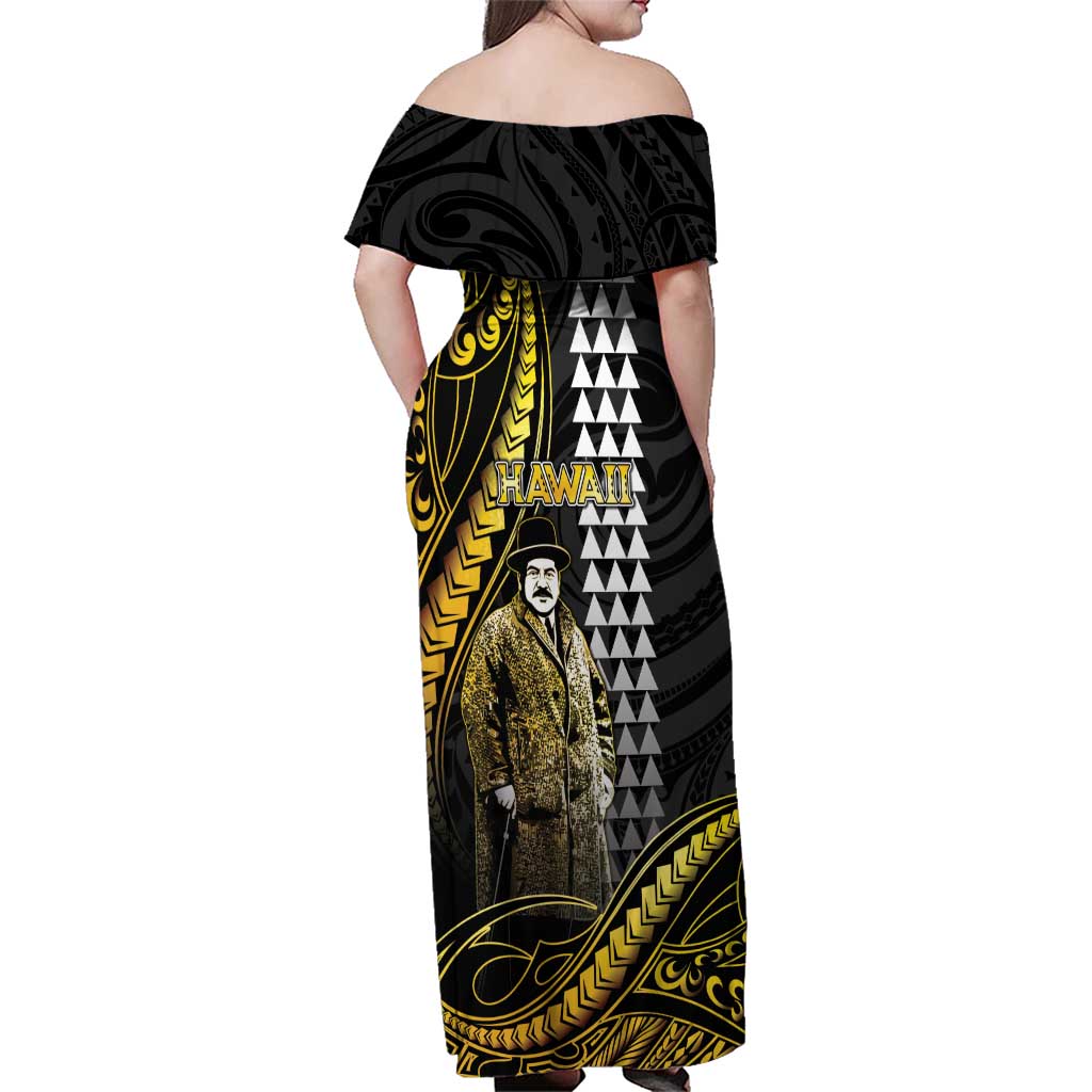 Hawaii Kuhio The Citizen Prince Family Matching Off Shoulder Maxi Dress and Hawaiian Shirt Gold Polynesian Tribal Tattoo LT05 - Polynesian Pride
