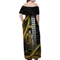 Hawaii Kuhio The Citizen Prince Family Matching Off Shoulder Maxi Dress and Hawaiian Shirt Gold Polynesian Tribal Tattoo LT05 - Polynesian Pride