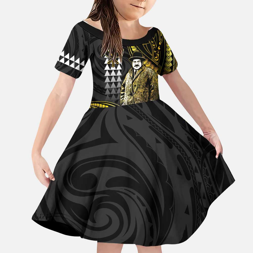 Hawaii Kuhio The Citizen Prince Family Matching Off Shoulder Short Dress and Hawaiian Shirt Gold Polynesian Tribal Tattoo LT05 Daughter's Dress Gold - Polynesian Pride