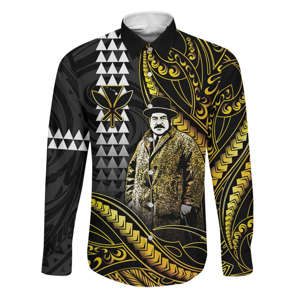 Hawaii Kuhio The Citizen Prince Family Matching Off Shoulder Short Dress and Hawaiian Shirt Gold Polynesian Tribal Tattoo LT05 Dad's Shirt - Long Sleeve Gold - Polynesian Pride