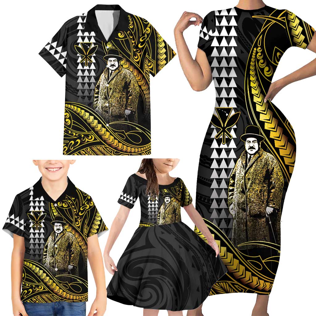 Hawaii Kuhio The Citizen Prince Family Matching Short Sleeve Bodycon Dress and Hawaiian Shirt Gold Polynesian Tribal Tattoo LT05 - Polynesian Pride