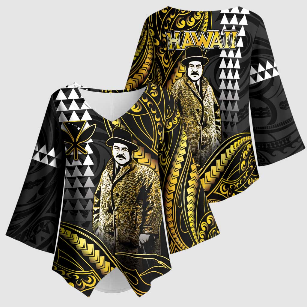 Hawaii Kuhio The Citizen Prince Kimono Sleeve Blouse Gold Polynesian Tribal Tattoo