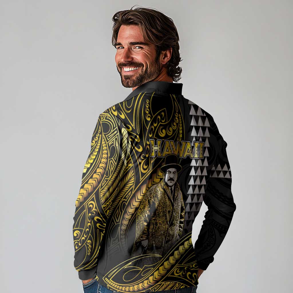Hawaii Kuhio The Citizen Prince Long Sleeve Polo Shirt Gold Polynesian Tribal Tattoo LT05 - Polynesian Pride